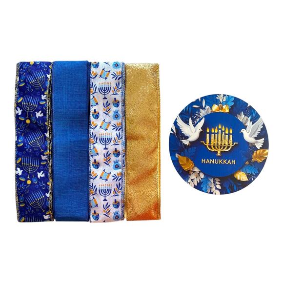 Hanukkah Ribbon & Sign Craft Bundle | Blue Gold Menorah Doves DIY Wreath Kit - Picture 6 of 6